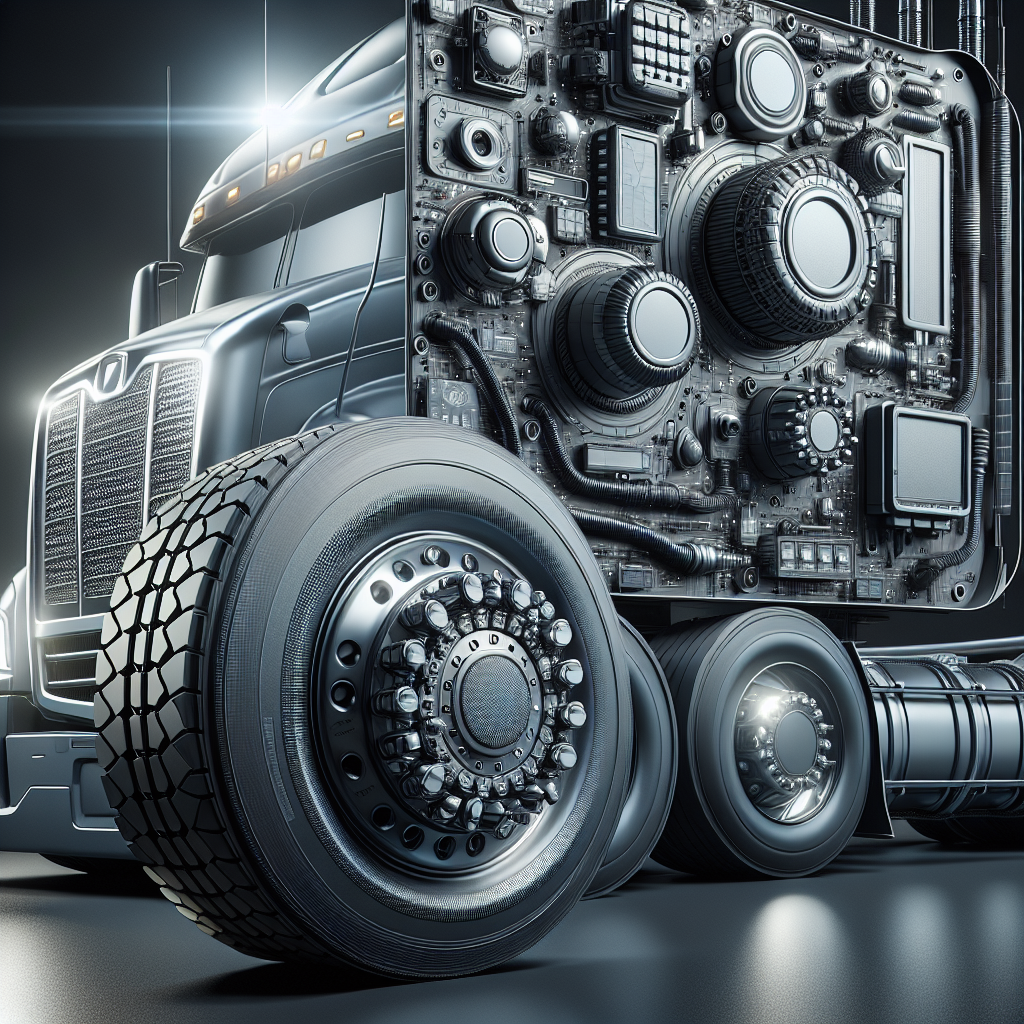 A realistic illustration of a tire pressure monitoring system for a semi truck, featuring detailed sensors and components.