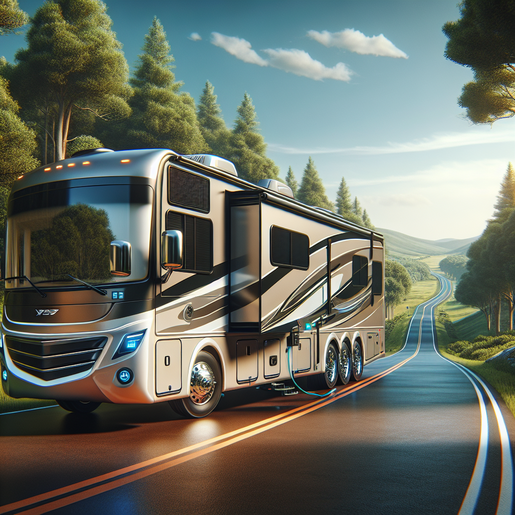 A realistic RV with visible tire pressure monitoring system sensors parked on a scenic road.
