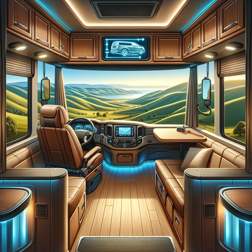 An RV at a scenic overlook with a view of rolling hills, featuring a tire pressure monitoring system display inside.