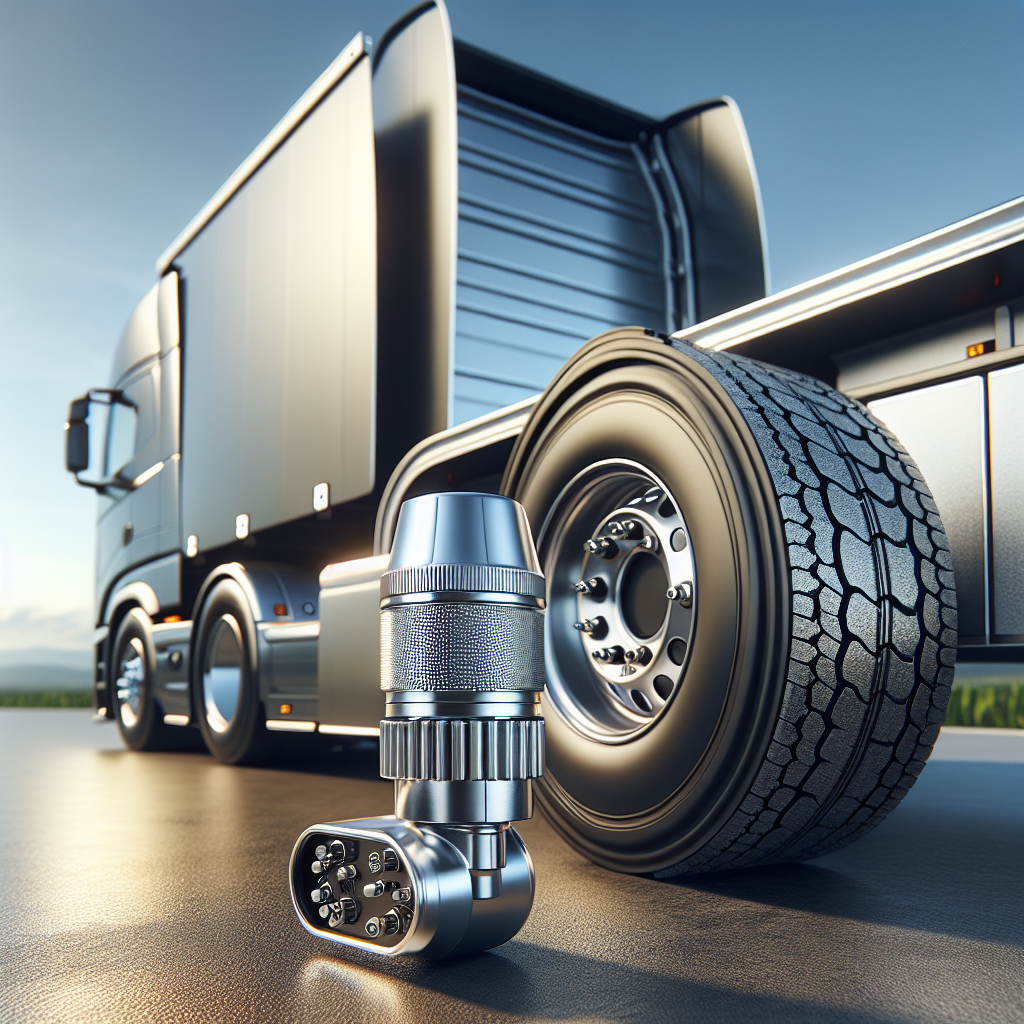 A realistic image depicting a Tire Pressure Monitoring System (TPMS) on a trailer with close-up details of tire sensors and robust tires.