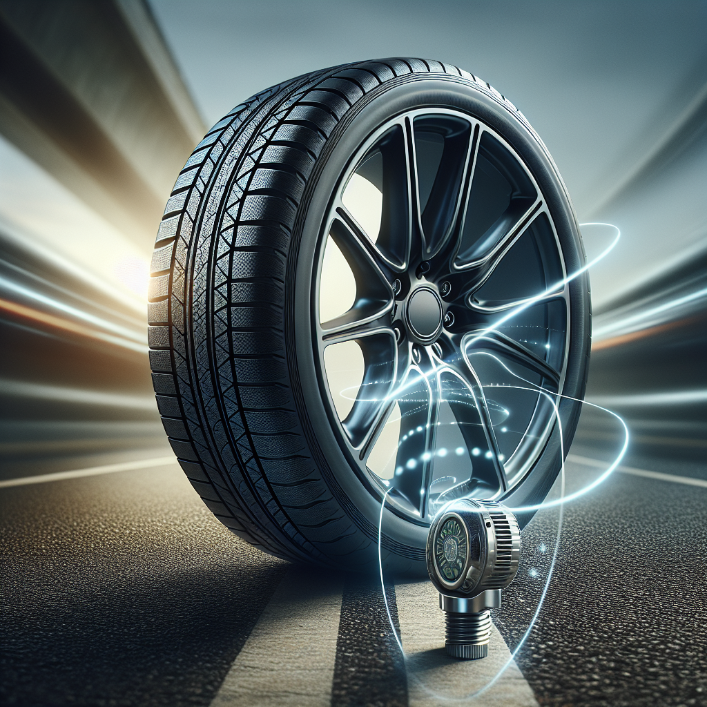 A close-up of a car tire with a TPMS sensor on the valve stem, symbolizing vehicle safety.