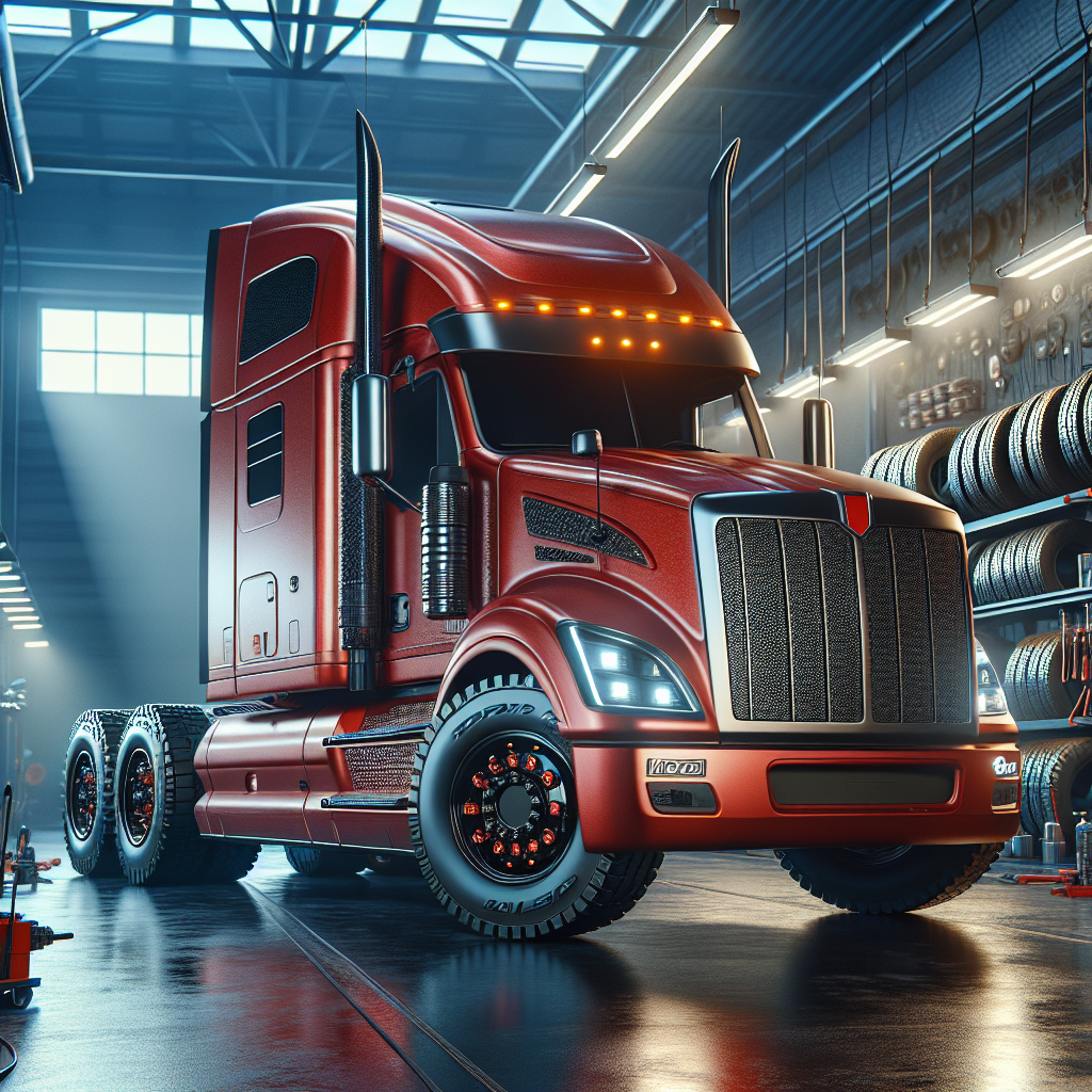 A semi-truck in a garage highlighting its tire pressure monitoring systems.