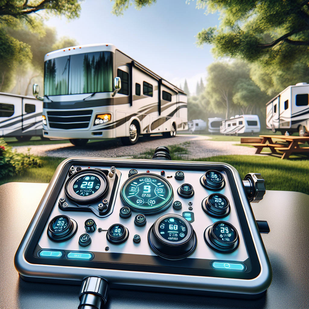 An RV tire pressure monitoring system display inside an RV with a scenic outdoor backdrop.
