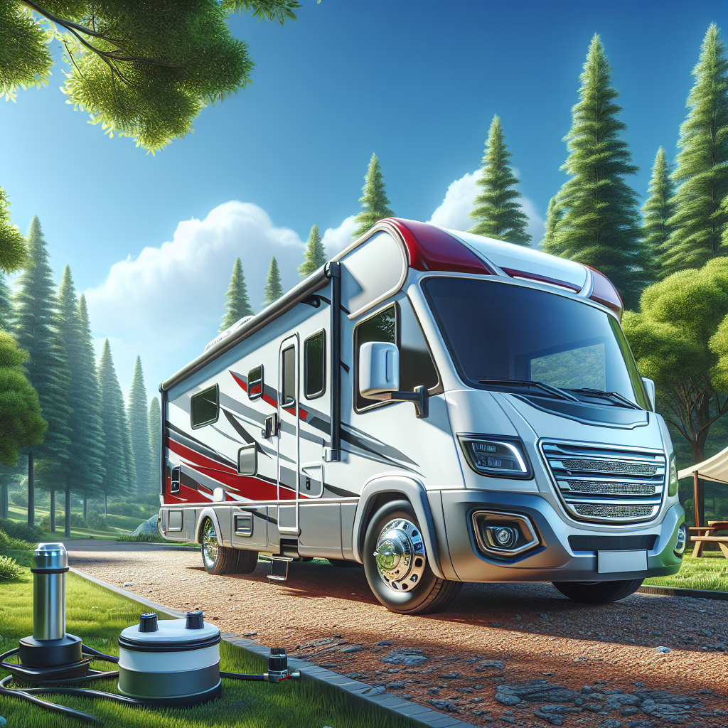 An RV in a scenic landscape showing its tire pressure monitoring system.