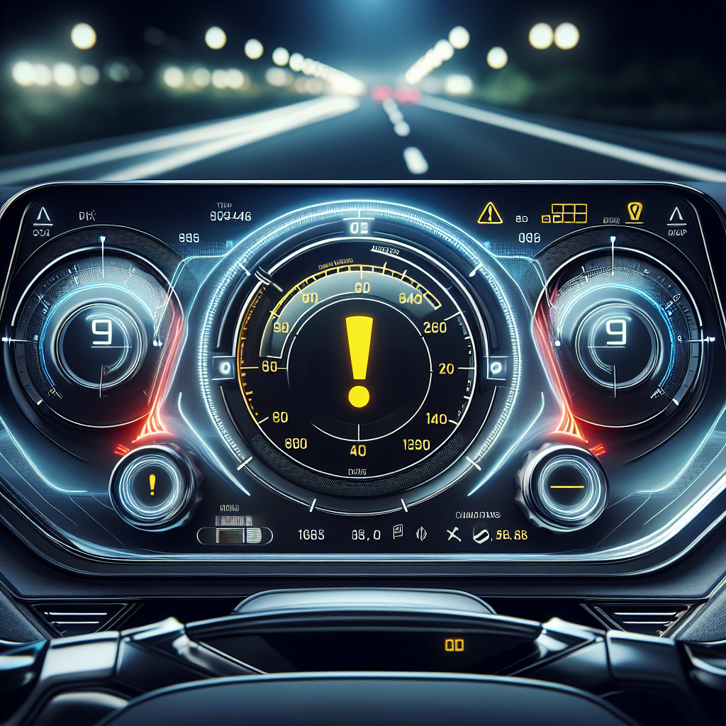 A modern vehicle dashboard displaying tire pressure monitoring sensors with highlighted digital readings and a blurred road in the background.