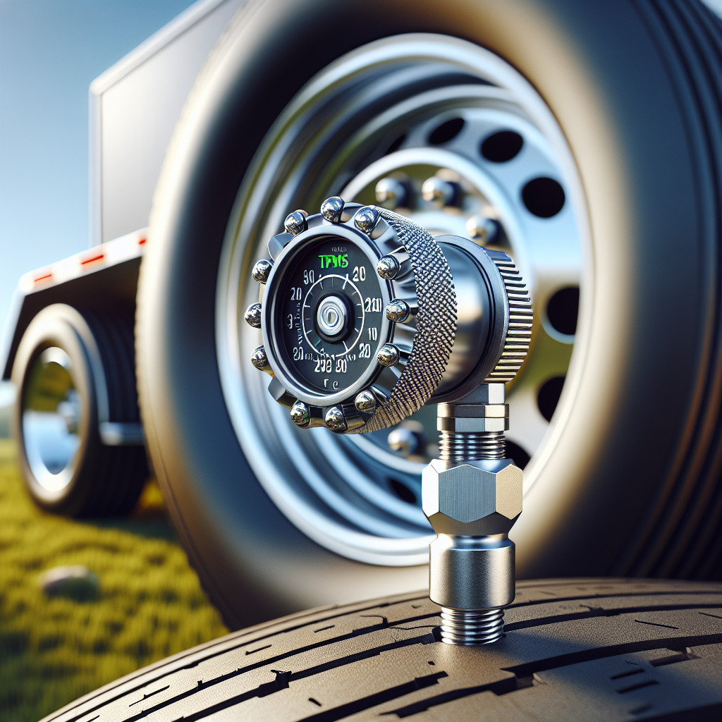 Close-up view of a tire with a TPMS sensor on a sunny outdoor background.