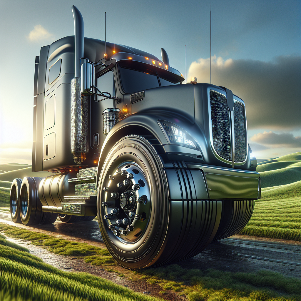 A heavy-duty semi truck with tire pressure monitoring systems in a scenic outdoor setting.