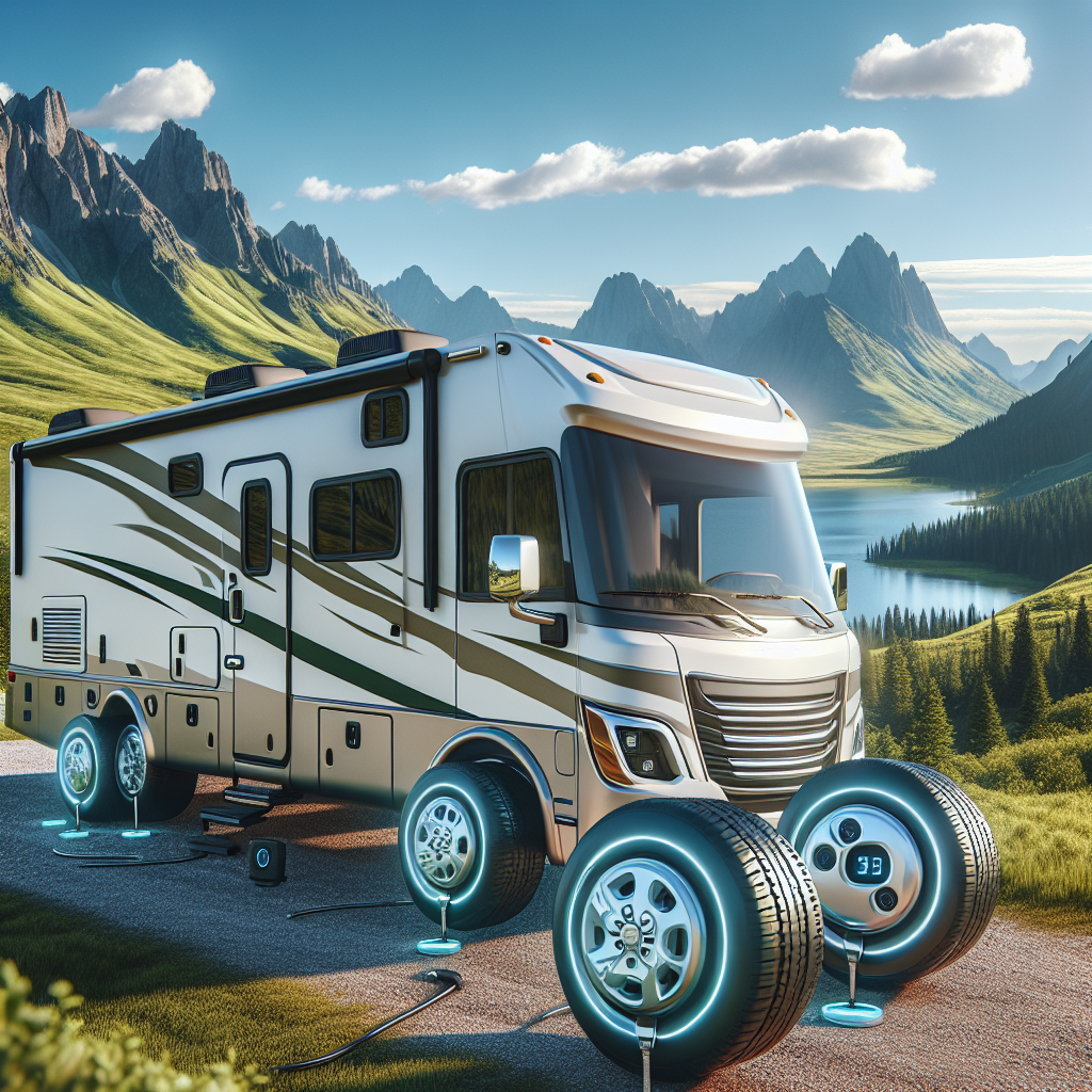 An RV with a tire pressure monitoring system on a scenic mountain overlook.