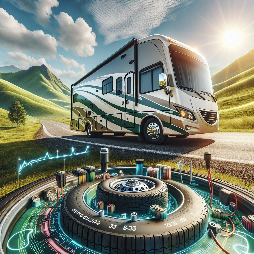 An RV parked in a beautiful landscape, showcasing its tires and tire pressure monitoring systems.