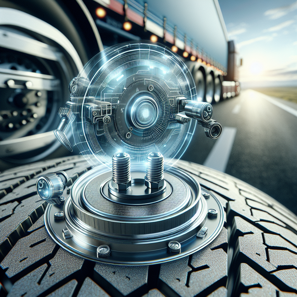 Close-up of tire pressure sensors on a trailer tire with detailed tire texture.