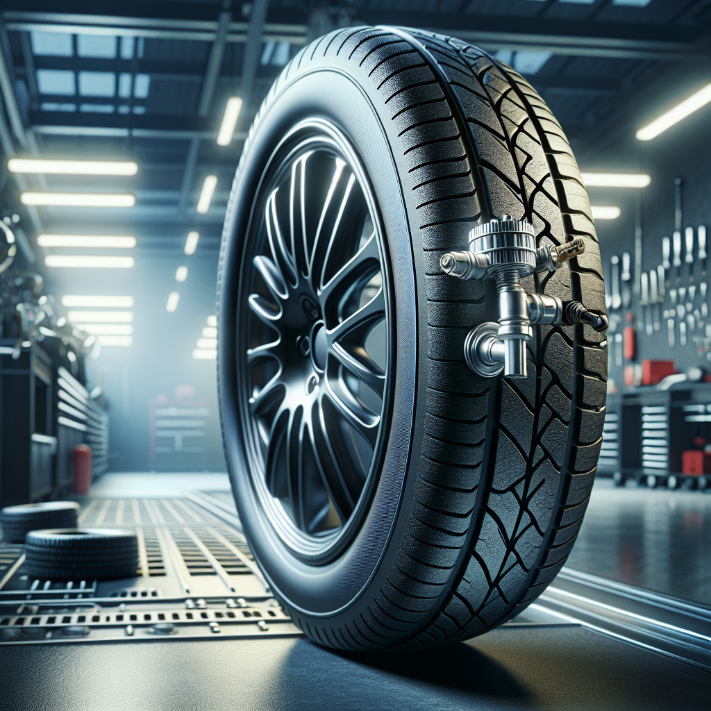 A black car tire with a visible tire pressure sensor in a garage setting.