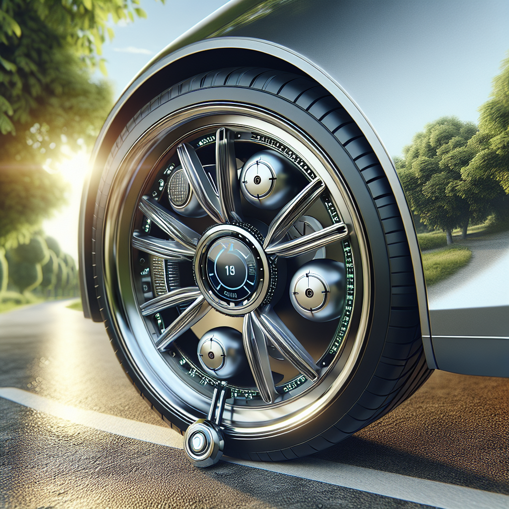 Modern tire pressure sensors on vehicle wheels in a road setting.