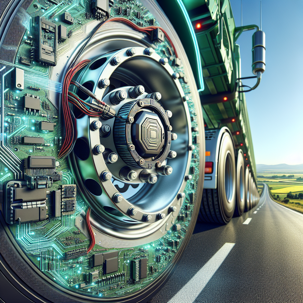 A tractor trailer tire pressure monitoring system displayed on a truck tire with a highway background.