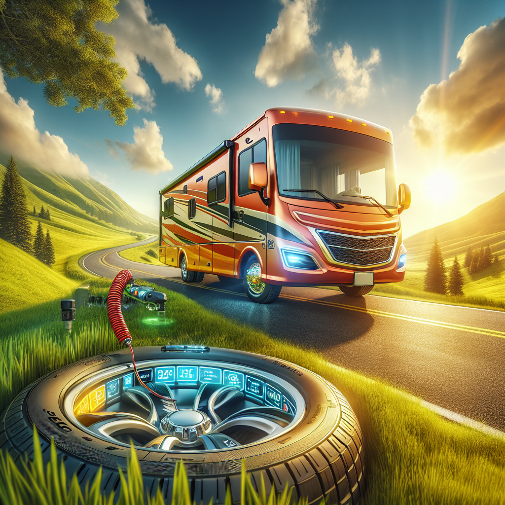 A realistic scene of an RV focusing on its tires and tire pressure monitoring system in a scenic landscape.