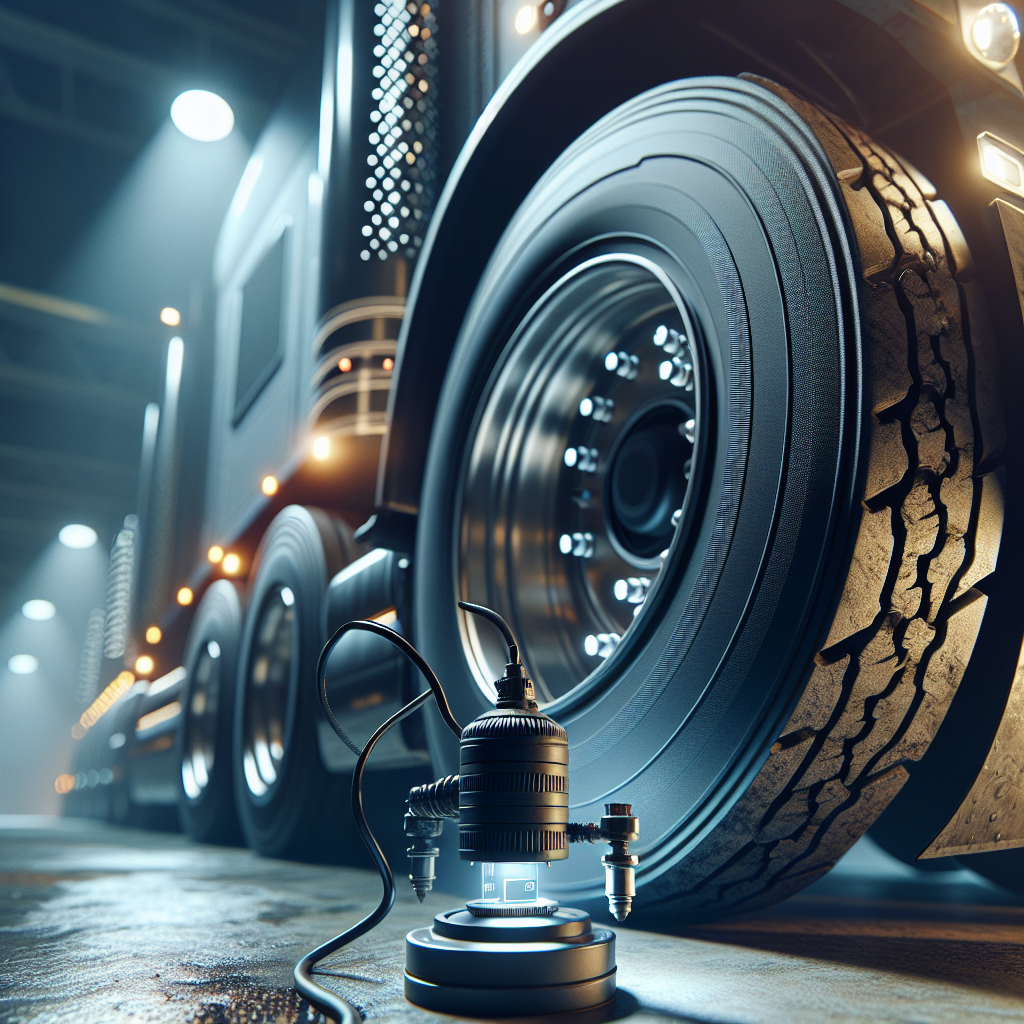 Close-up of a tractor trailer tire with a tire pressure monitoring sensor.