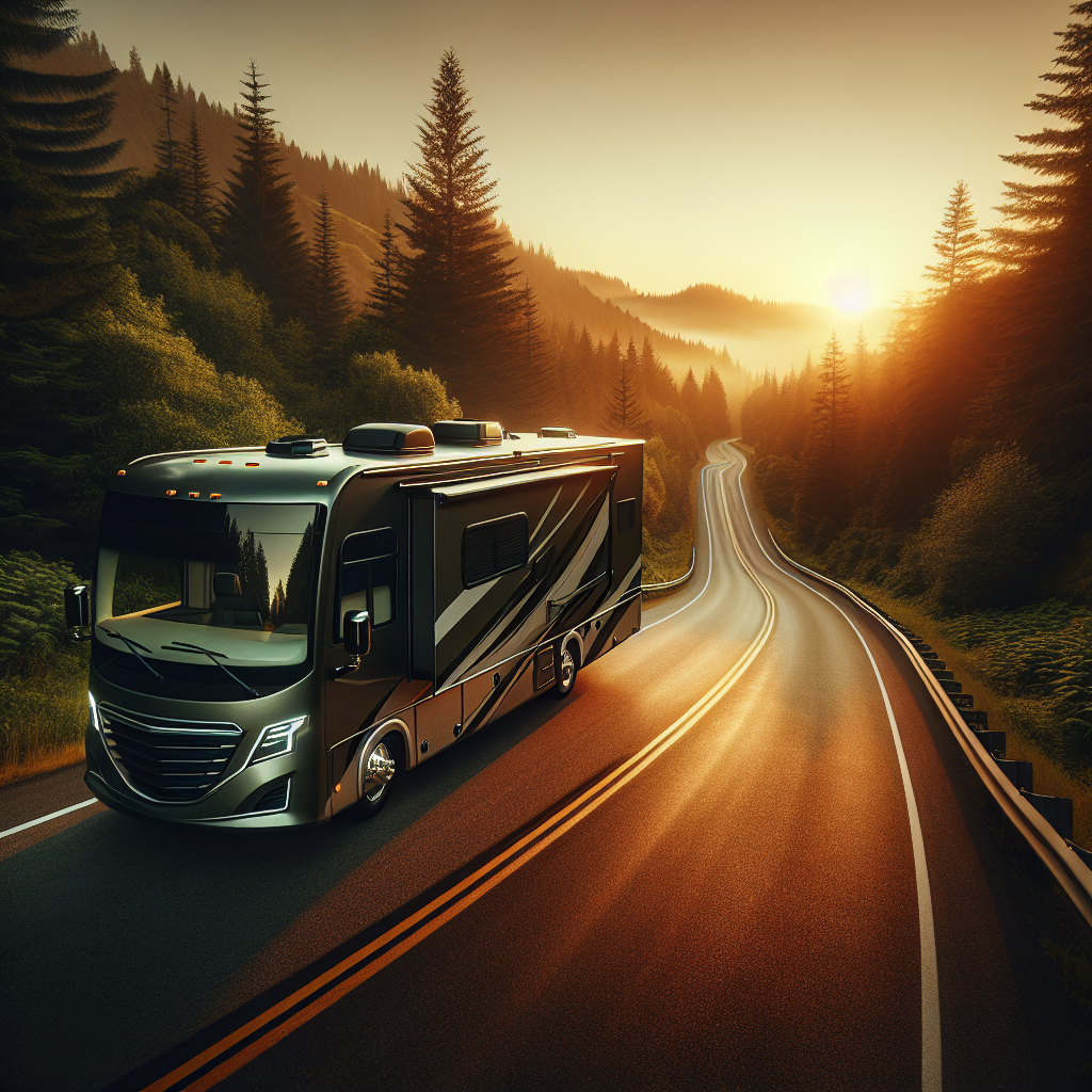 A serene RV parked on a scenic road during sunset.