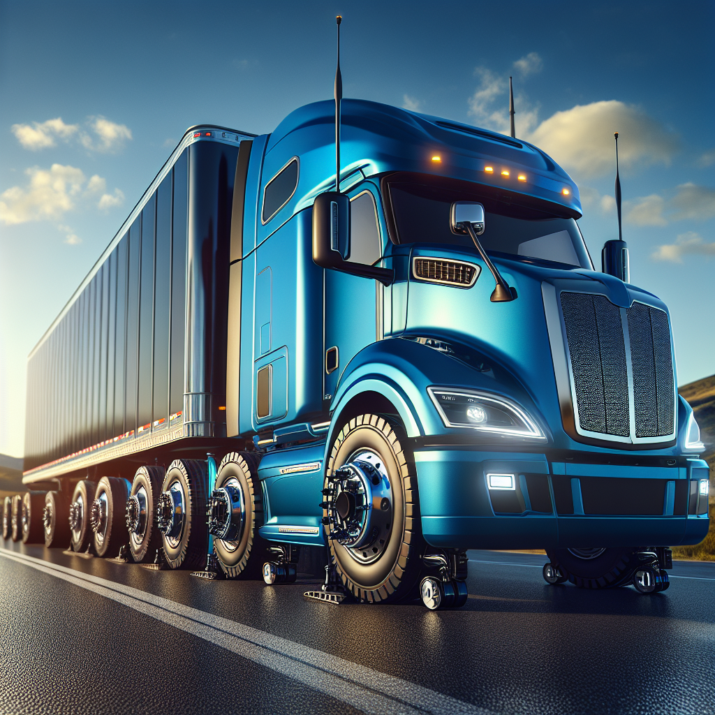A tractor trailer with a tire pressure monitoring system on a highway.