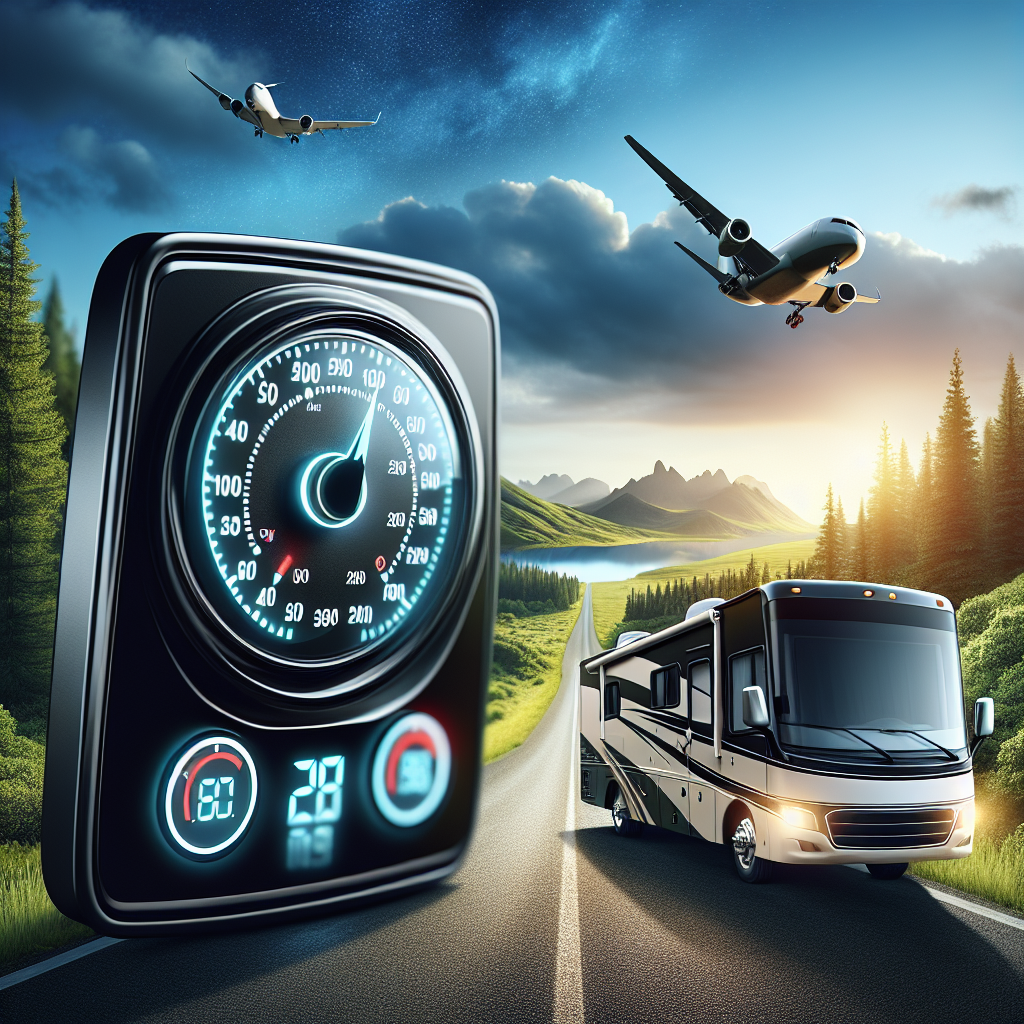 A close-up of an RV tire pressure monitoring system display with a scenic RV landscape behind.