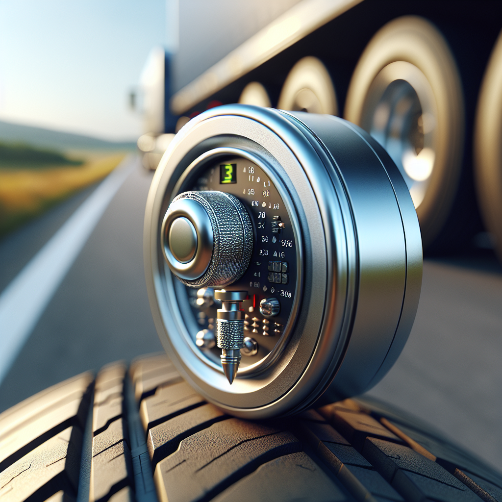 A close-up of a tire pressure sensor mounted on a trailer tire valve.