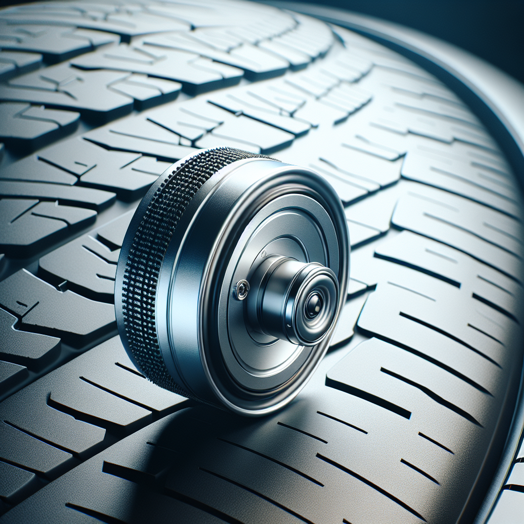 A close-up of a tire pressure sensor installed on a vehicle's tire.