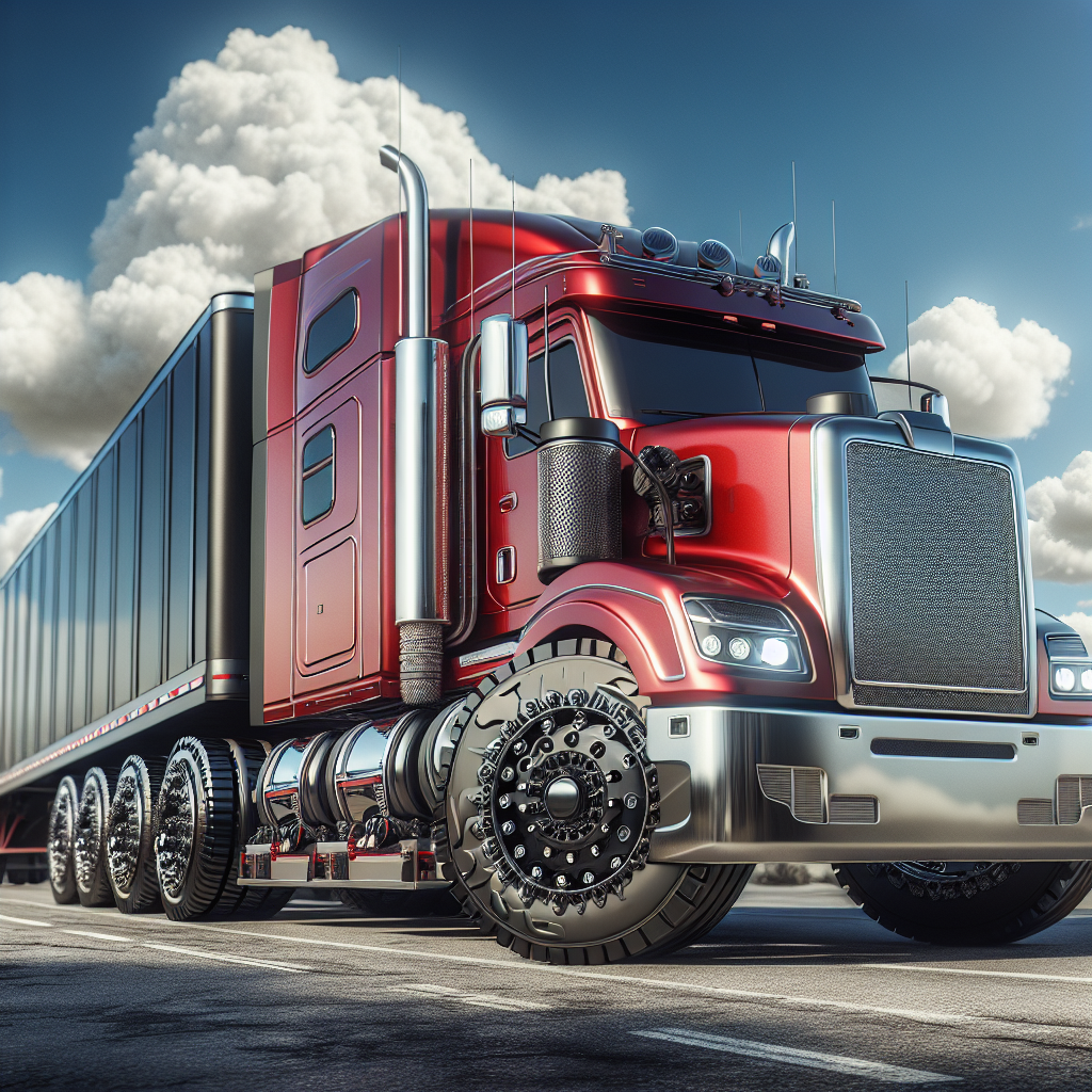 A tractor trailer depicting a tire pressure monitoring system in a natural outdoor setting.