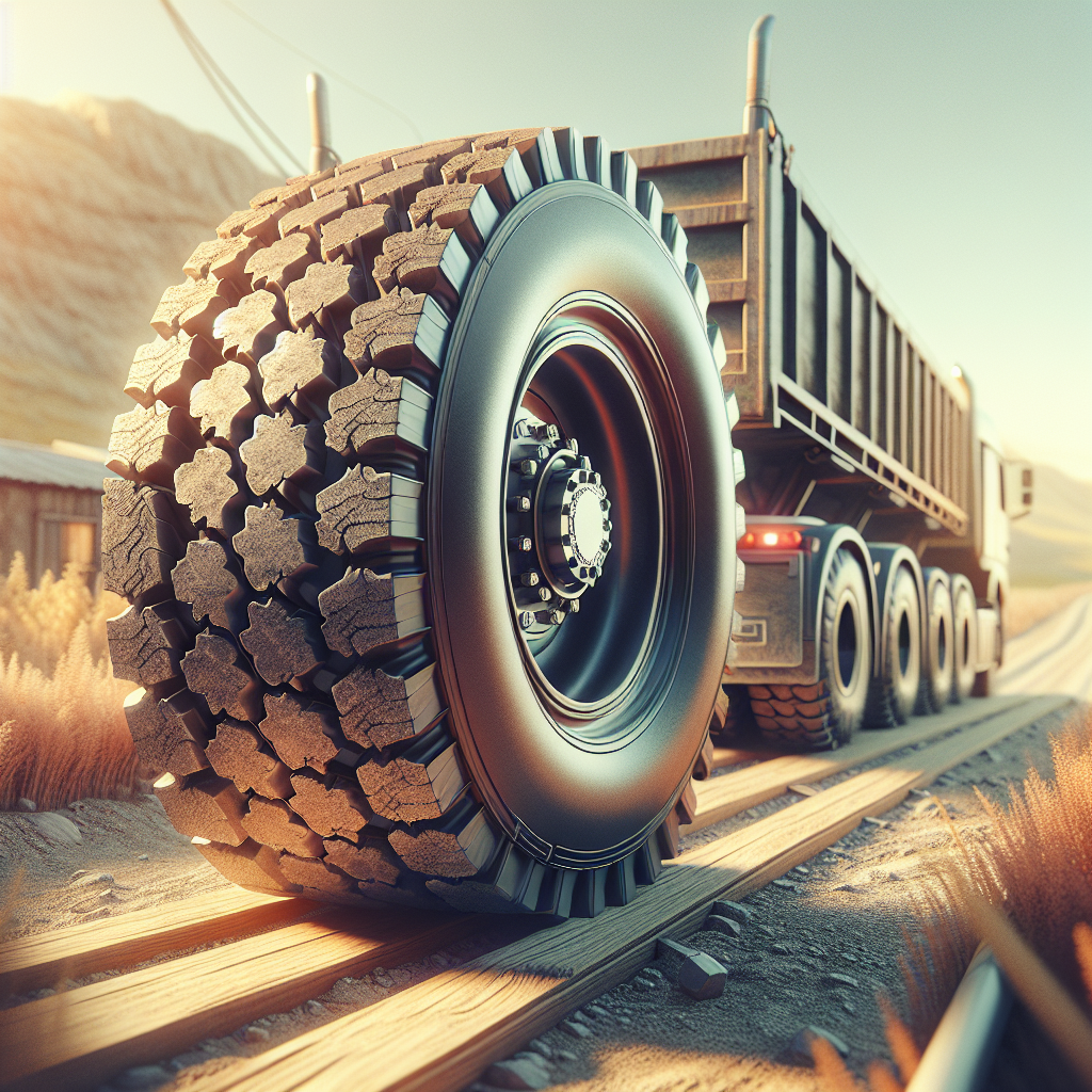 A close-up view of a heavy-duty trailer tire on a rugged dirt road.