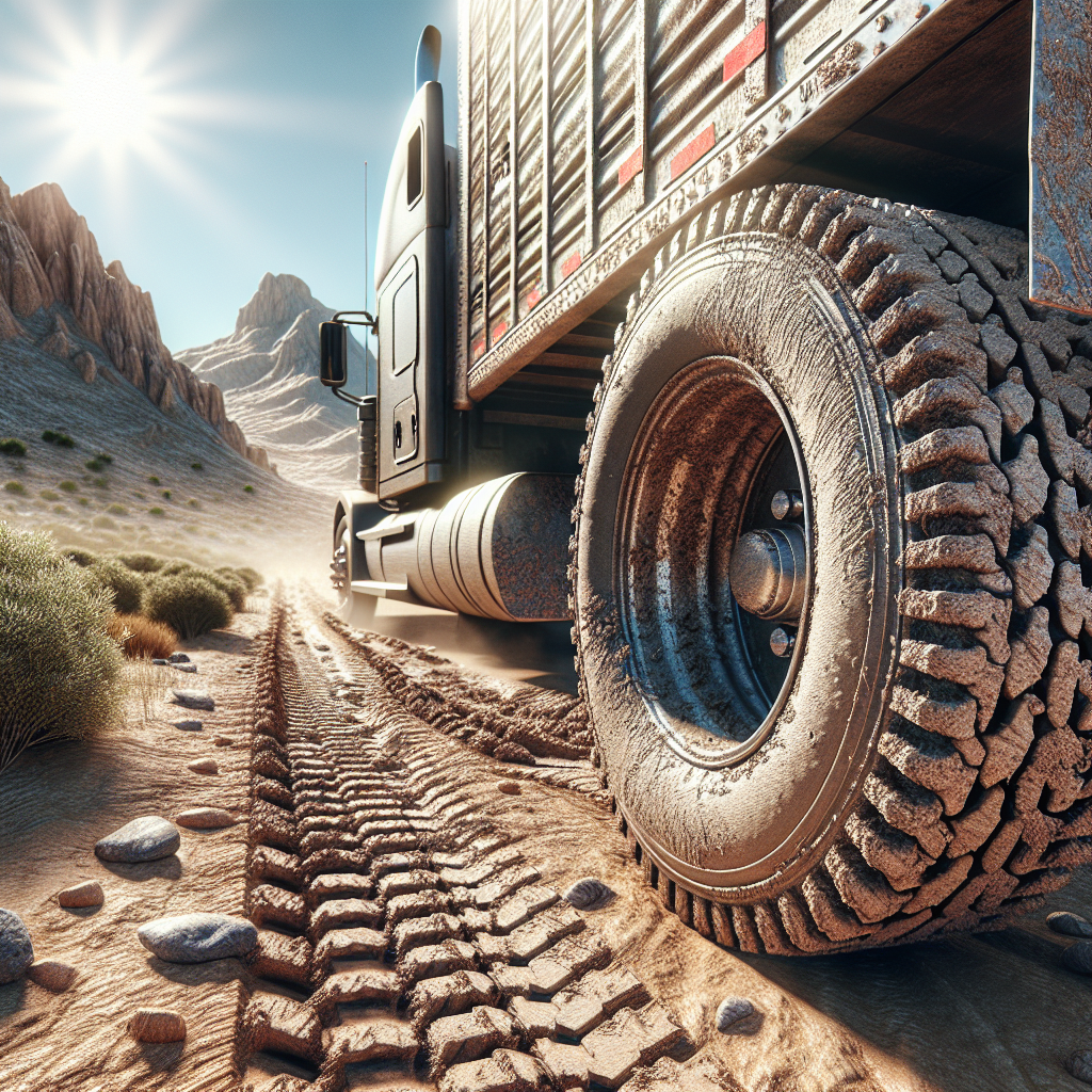 A rugged landscape with a semi-trailer on a dirt road and a close-up of a worn trailer tire.