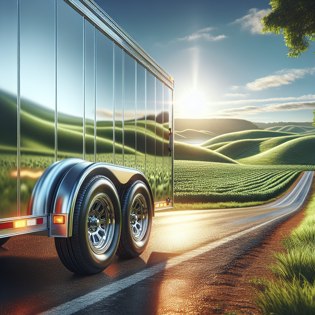 A realistic image of a trailer with detailed tires parked on a countryside road.