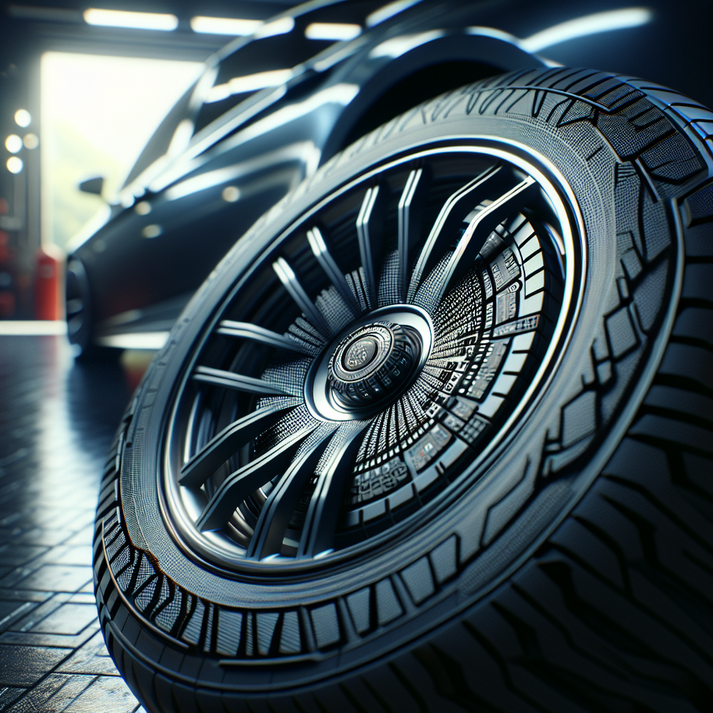 Close-up of a tyre with a tyre pressure monitoring system sensor installed.