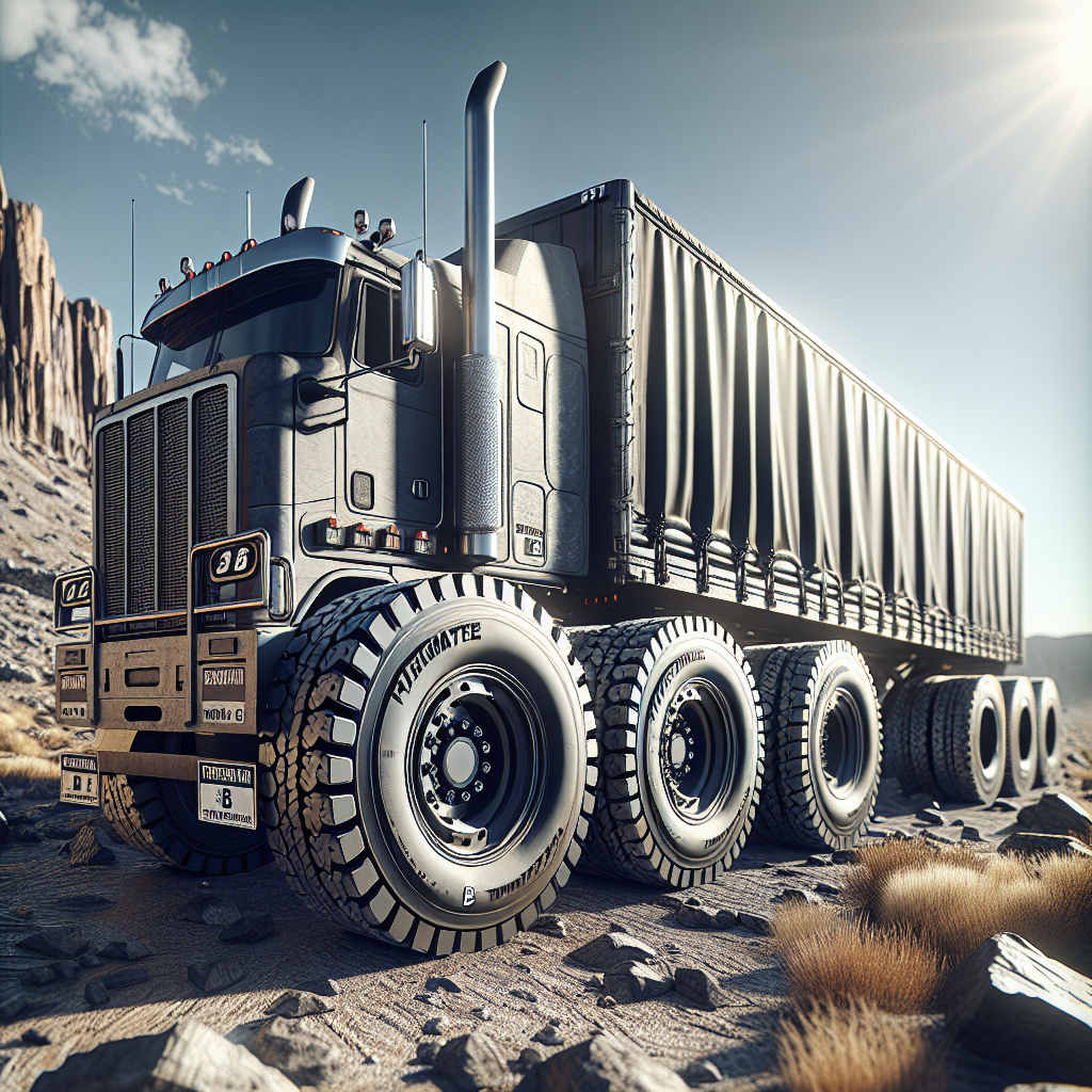 A truck trailer with robust tires on a rugged landscape.