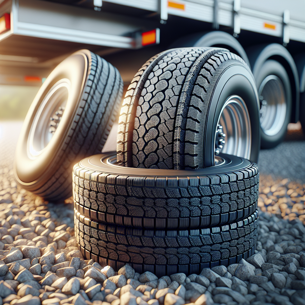 A close-up of worn trailer tires on gravel, showing various wear patterns.