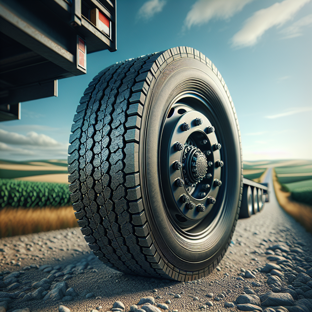 A close-up of a heavy-duty trailer tire on gravel, with a natural landscape in the background.