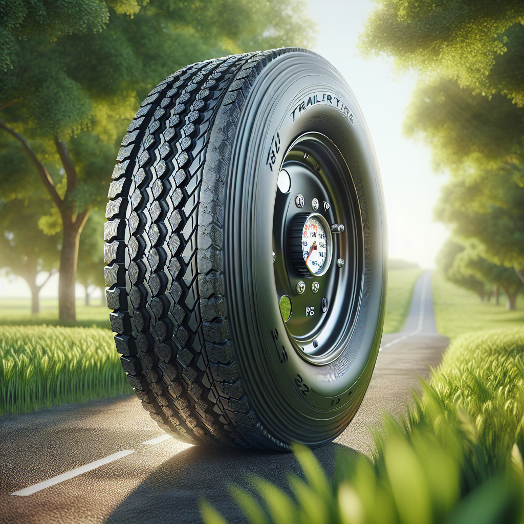 Close-up of a trailer tire on a rural road.