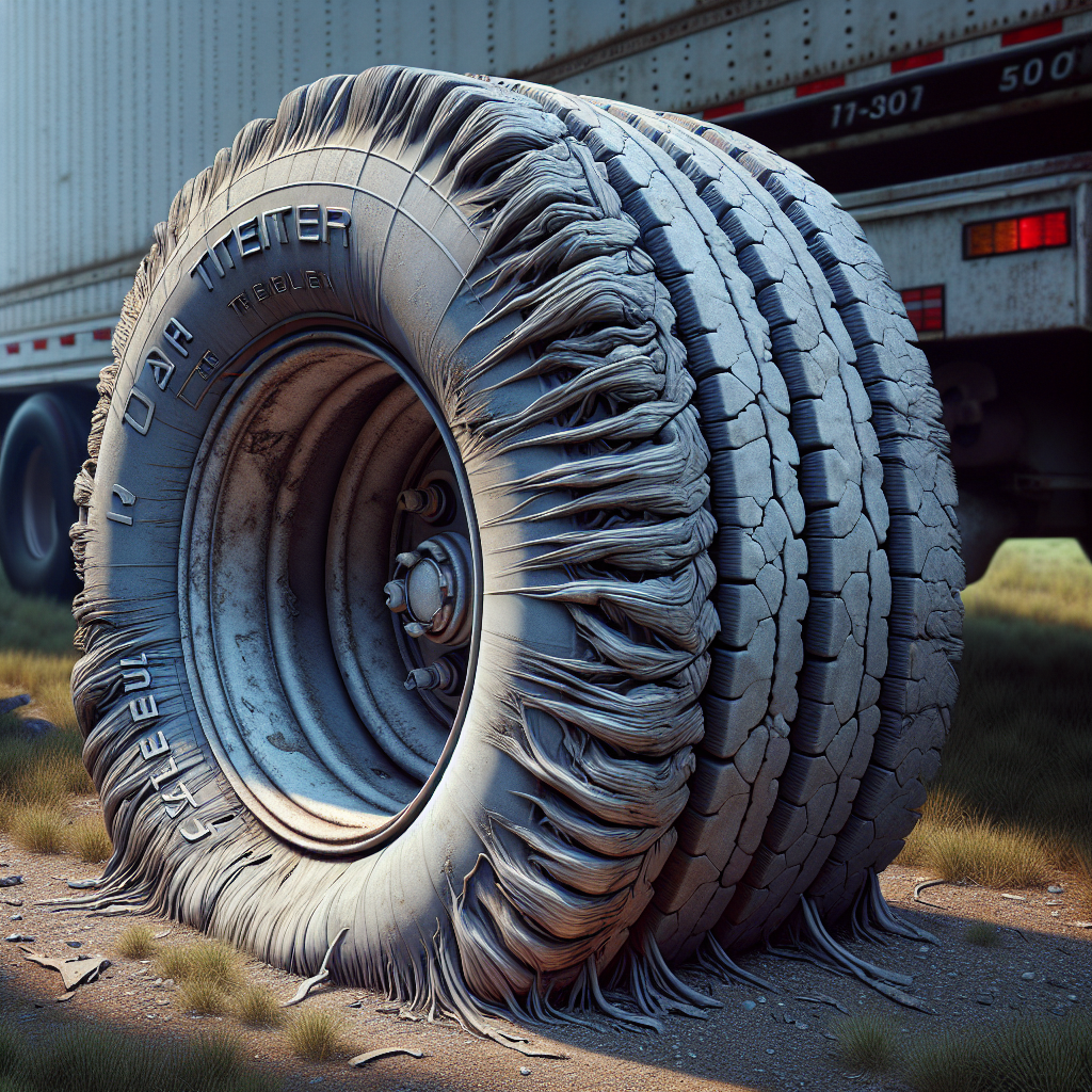 A close-up of a trailer tire with visible wear patterns, focusing on outer edge wear.