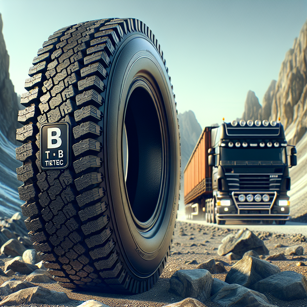 A tire with a B temperature rating against a background of a loaded trailer on rough terrain.