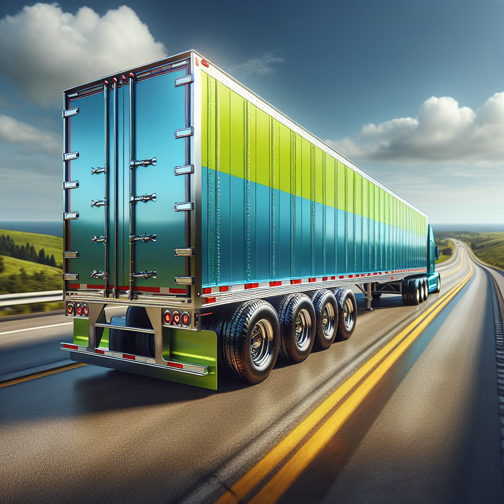A trailer on a highway with distinct heavy-duty tires against a beautiful landscape.