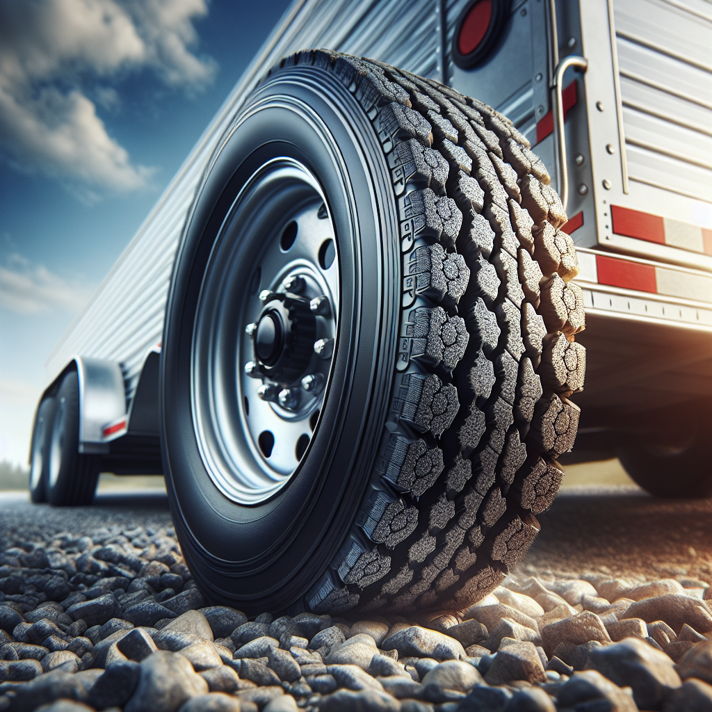 Close-up of a properly inflated trailer tire on a gravel roadside.
