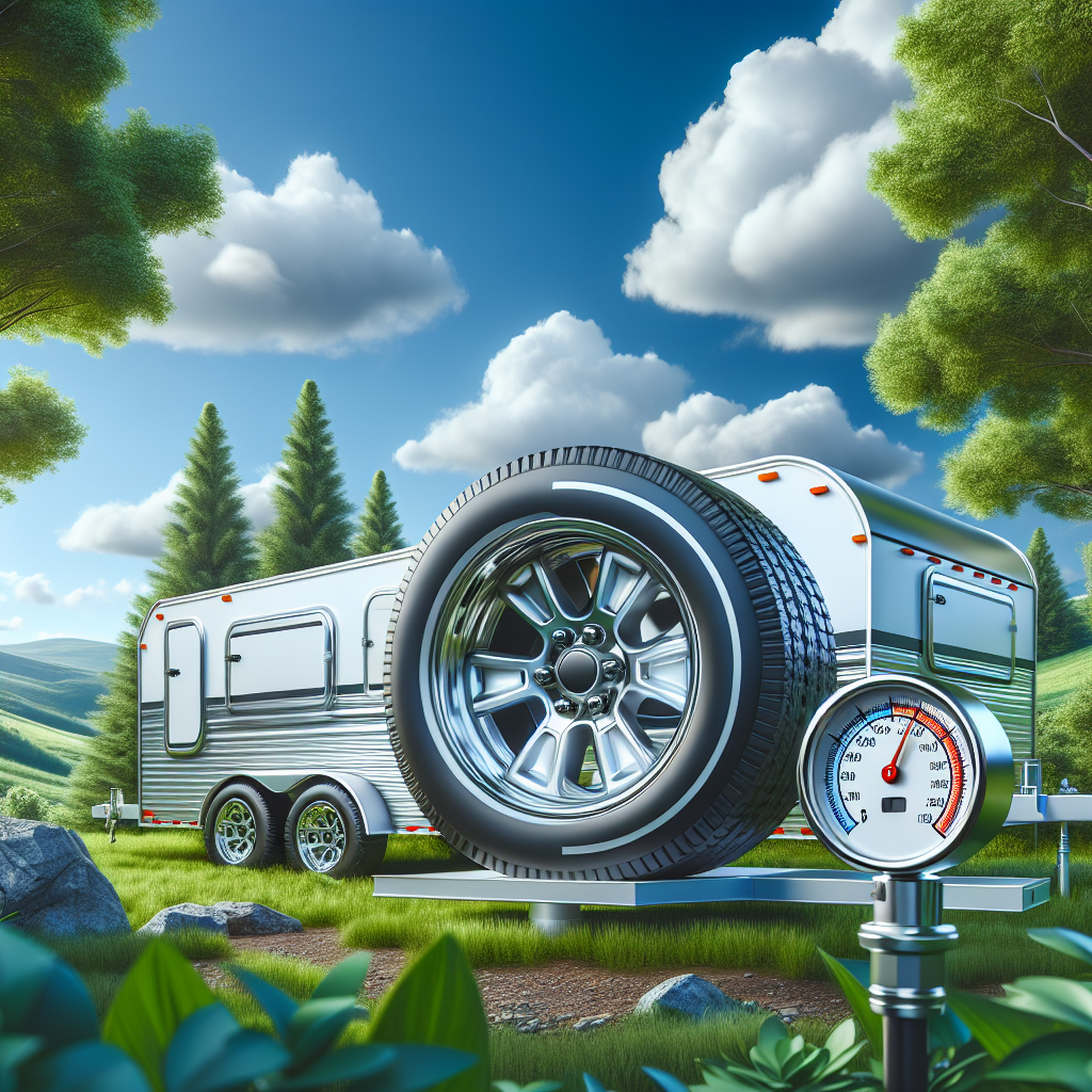 A trailer parked in a serene outdoor landscape with visible tires and a pressure gauge.
