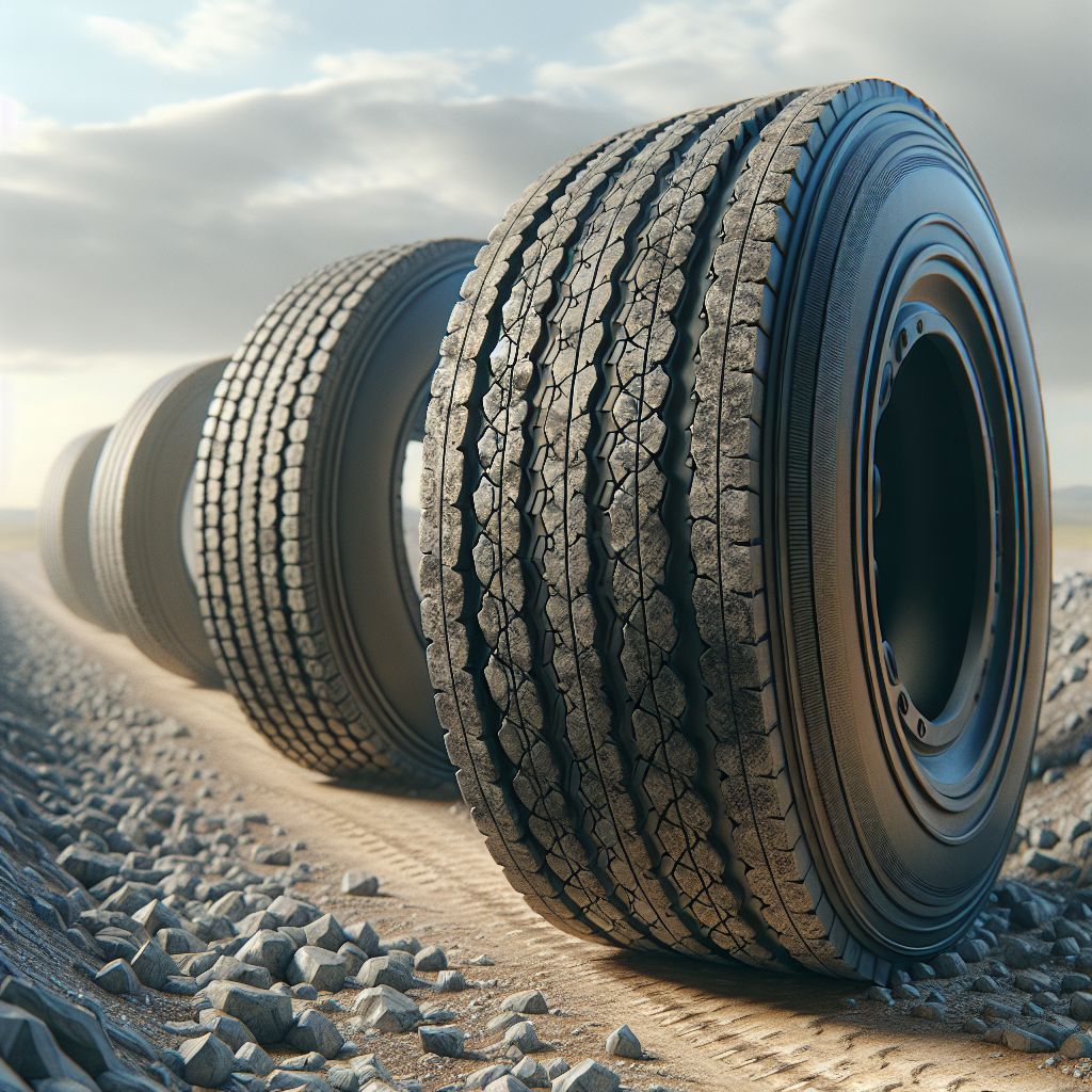 A collection of trailer tires on a gravel road, showing different wear patterns and sizes.