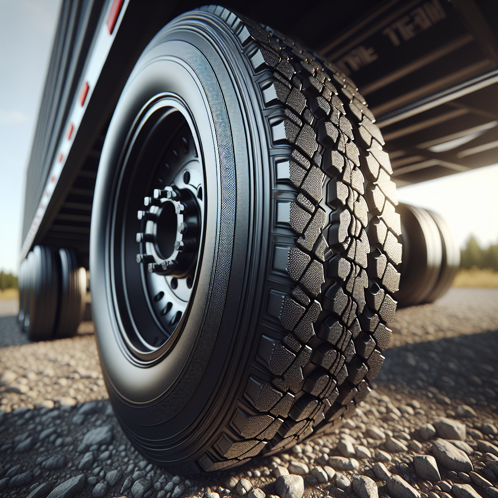 Close-up view of trailer tires with visible wear patterns.