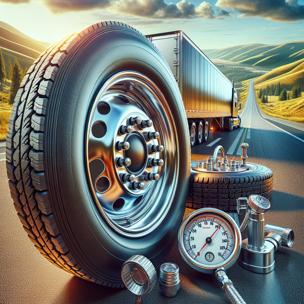 A trailer on a highway with a focus on its tires and a beautiful landscape in the background.