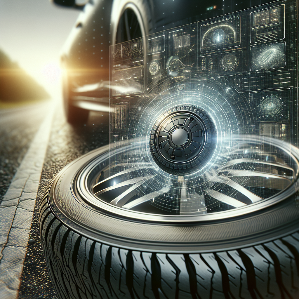 A close-up of a car tire equipped with a Tyre Pressure Monitoring System sensor.