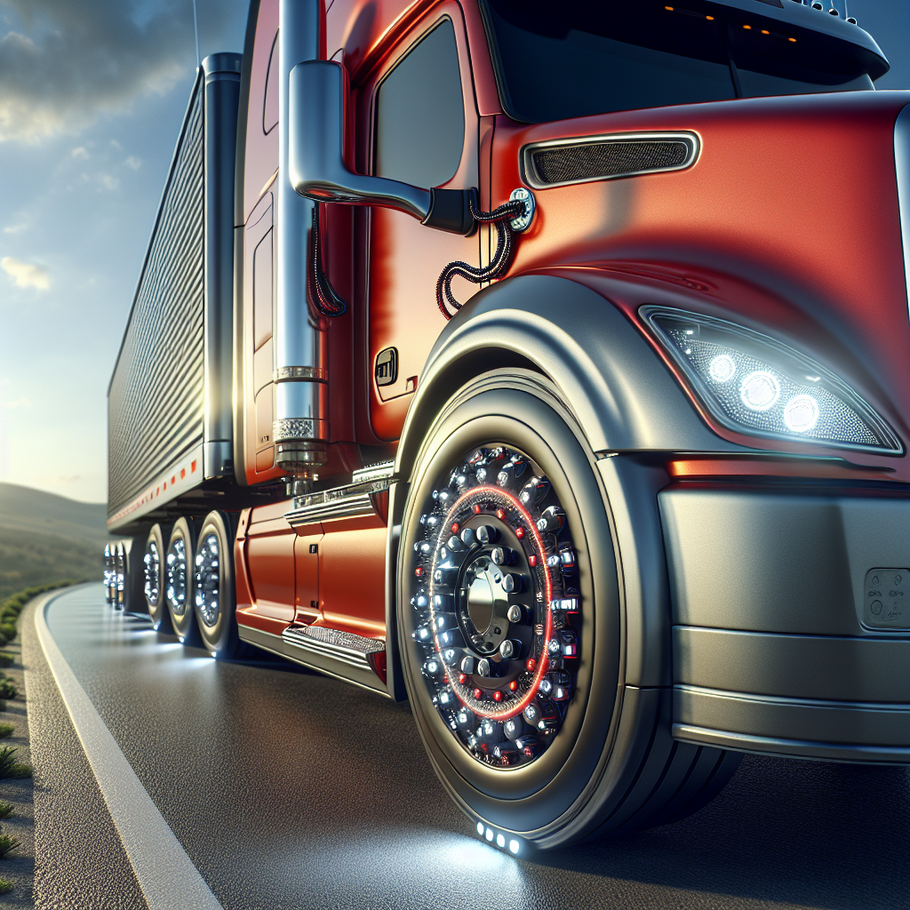 A semi-trailer truck with detailed tires and sensors on a highway under a blue sky.
