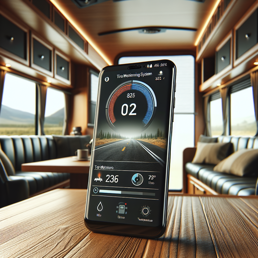 A smartphone displaying tire monitoring data in an RV interior.