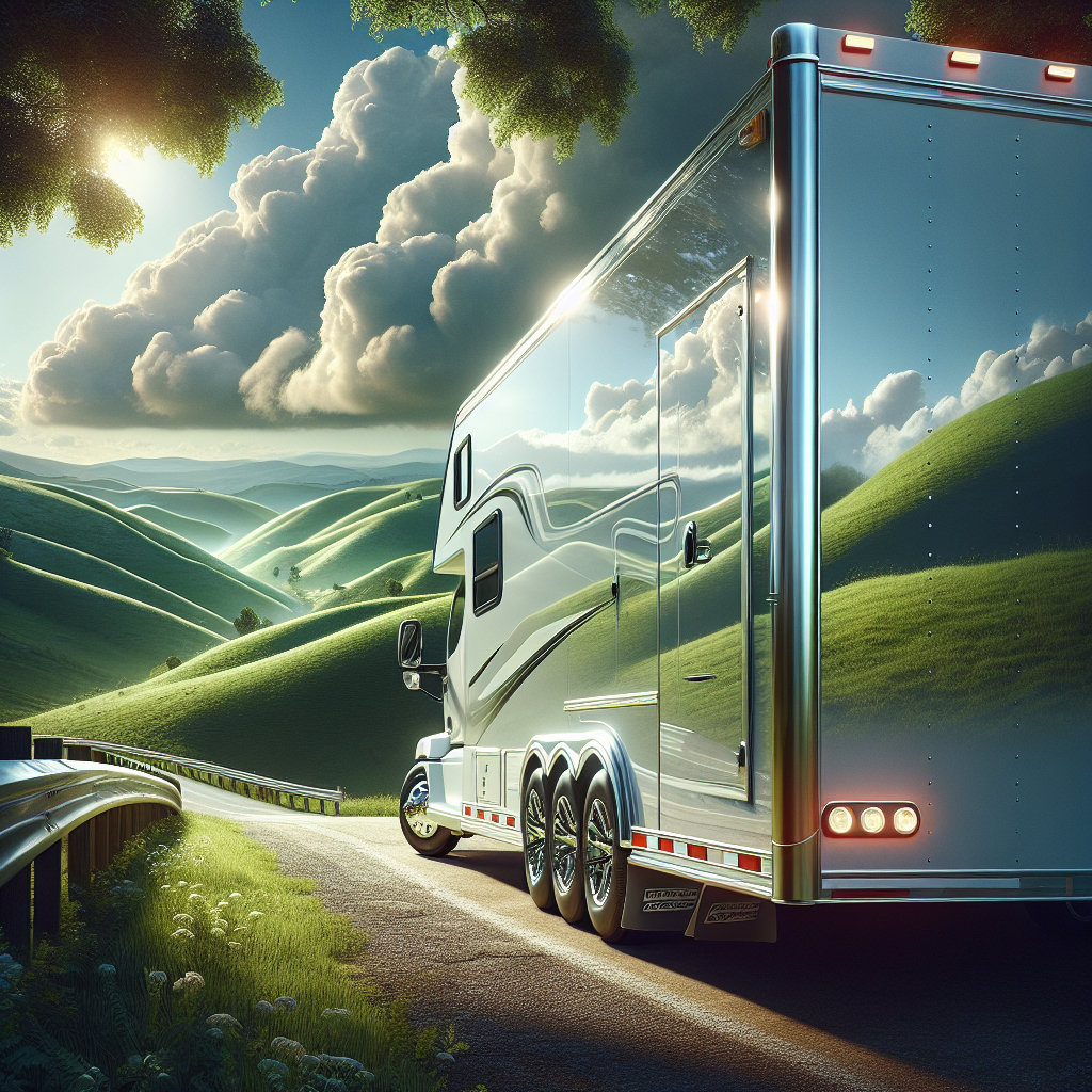A shiny white trailer parked on a scenic roadside with rolling green hills and a blue sky.