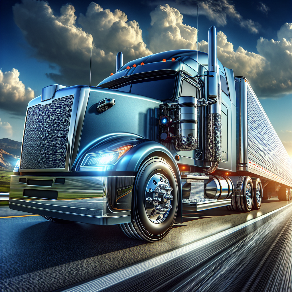 A semi-trailer truck on a highway showcasing a tire pressure monitoring system with well-inflated tires.