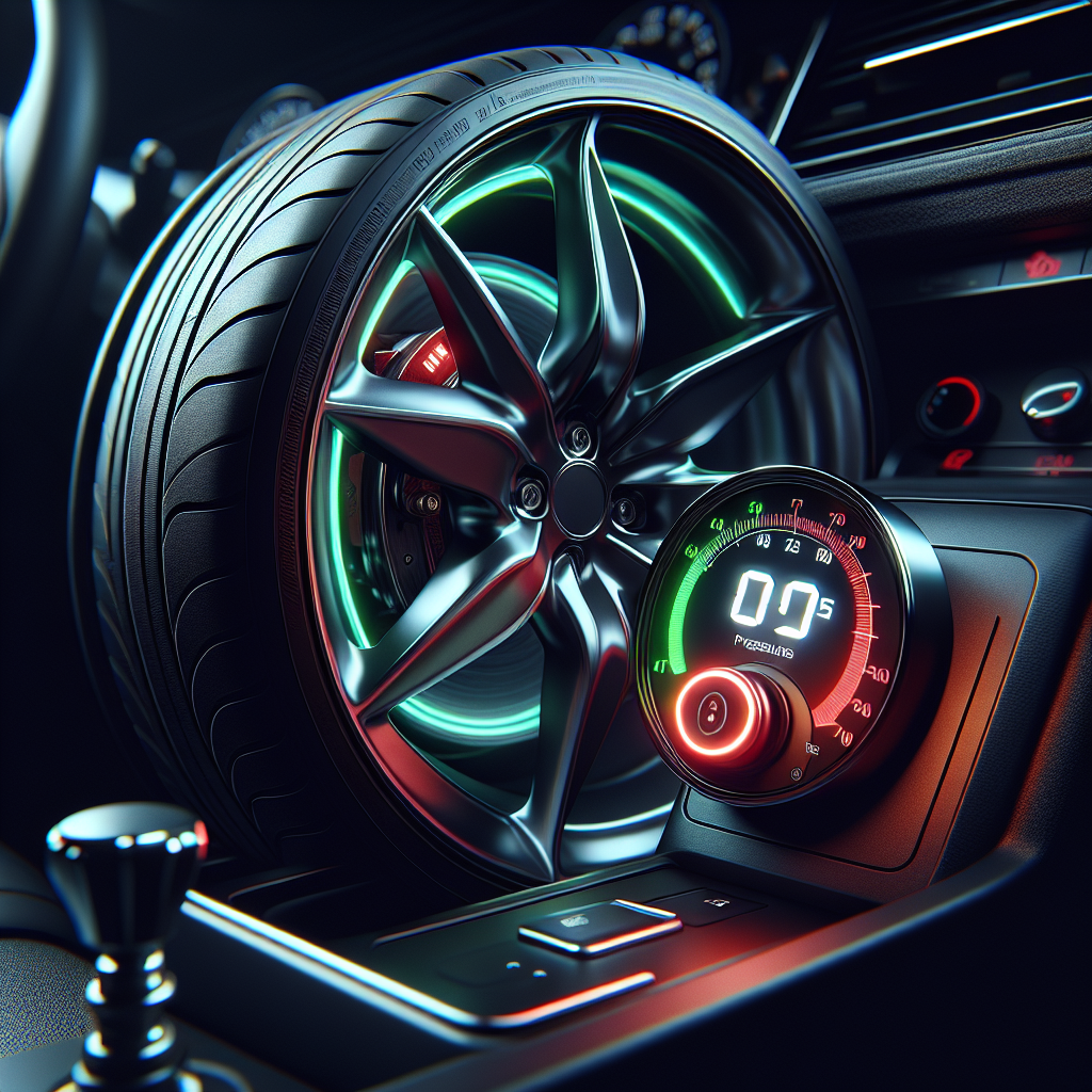 A close-up of a car wheel showcasing a Tyre Pressure Monitoring System with a digital display.