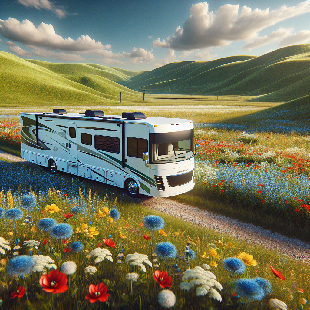 A modern RV parked in a scenic landscape with green meadows and blue skies.
