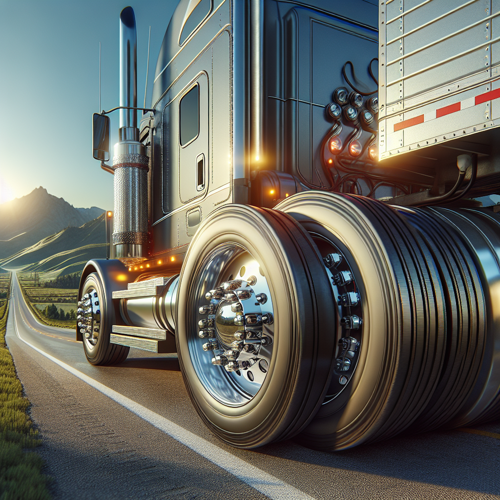 A semi-trailer truck on a highway with visible tire pressure monitoring sensors.