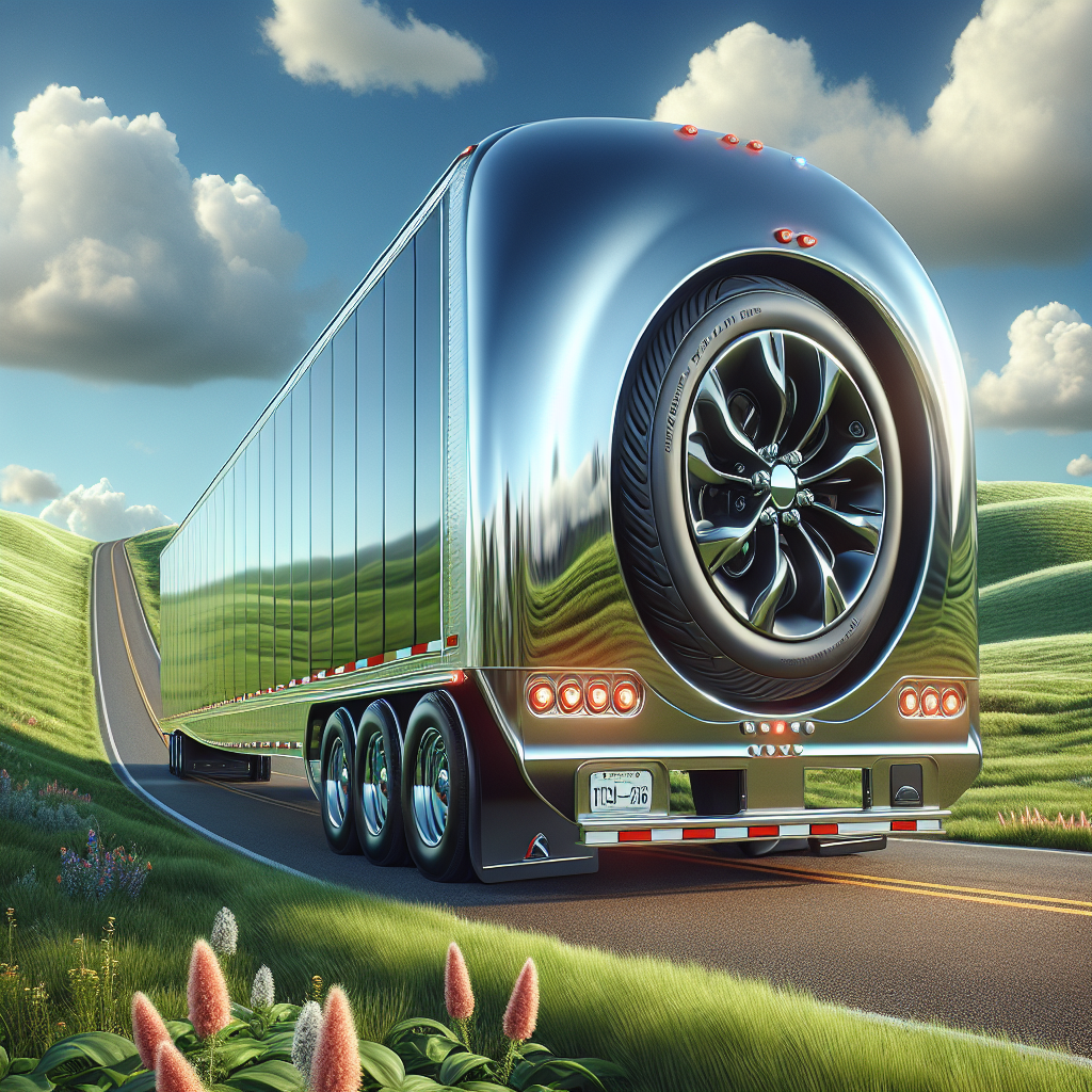 A trailer with properly inflated tires parked on a scenic road with green hills and blue sky.